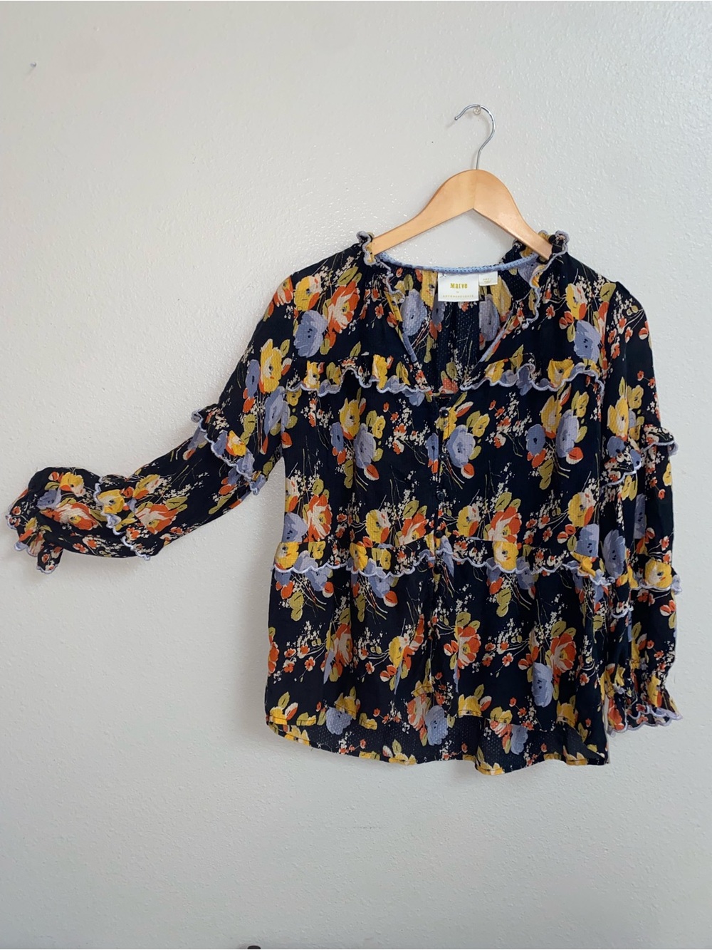 Anthropologie Maeve Myra Tiered Ruffle Floral Blouse Top Size S Boho